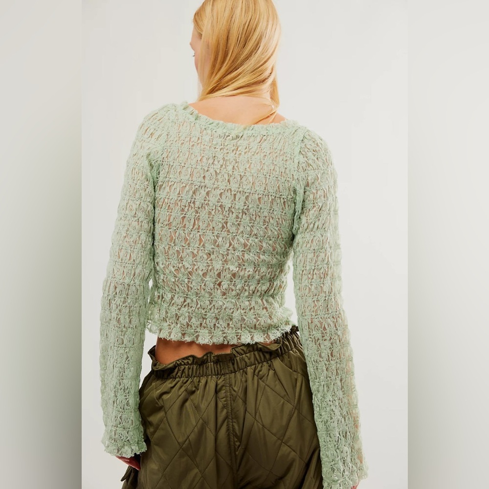 Free People Mint Green Madison Sheer Smocked Lace Top XL - Picture 3 of 9